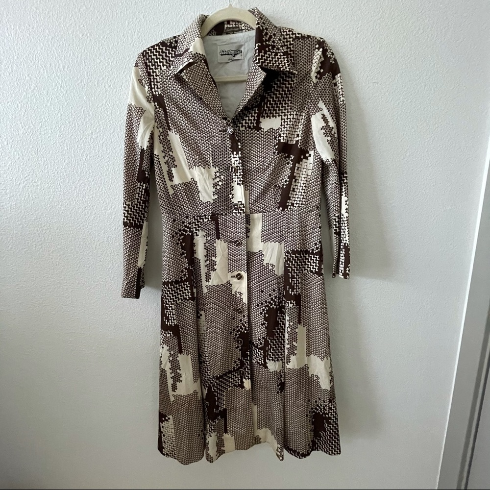 Vintage Collared Pattern Button Up Midi Dress - image 1